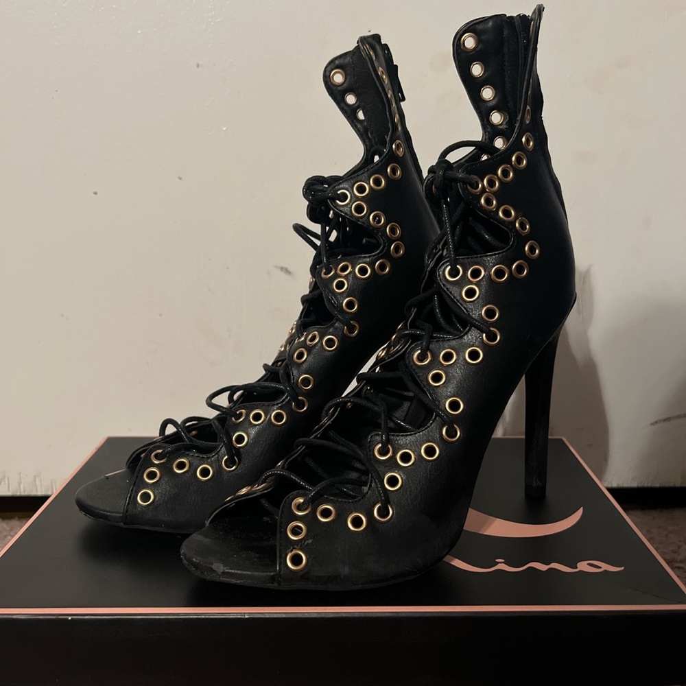 Black lace up stiletto heels